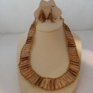 sparkly necklace & matching earrings Set Gold /Bro